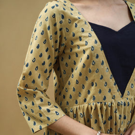 Buy Block Print Cotton Yellow Flared Ajrakh Dress
