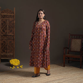 Brown - Bandhani Tie-Dye Cotton A-Line Long Kurta for Women 03