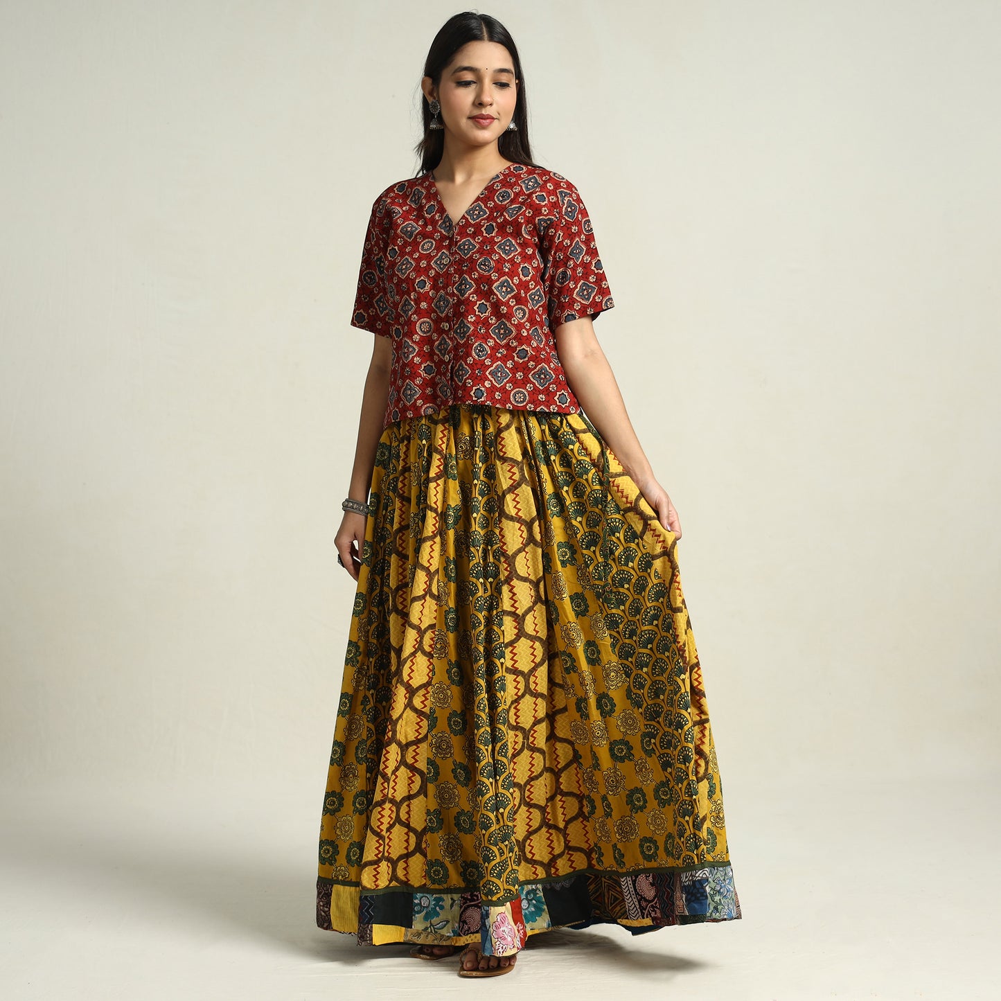 Yellow - Ajrakh Block Printed 24 Kali Patchwork Cotton Long Skirt 10