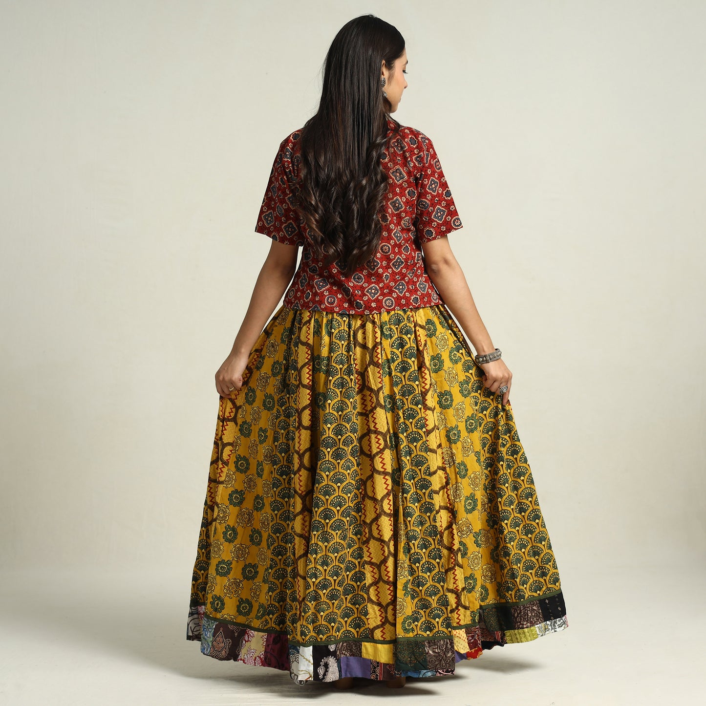 Yellow - Ajrakh Block Printed 24 Kali Patchwork Cotton Long Skirt 10