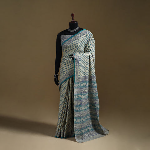 White - Gamthi Hand Block Print Pure Mul Cotton Saree with Blouse Piece 37