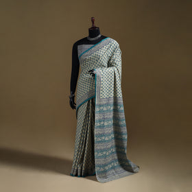 White - Gamthi Hand Block Print Pure Mul Cotton Saree with Blouse Piece 37