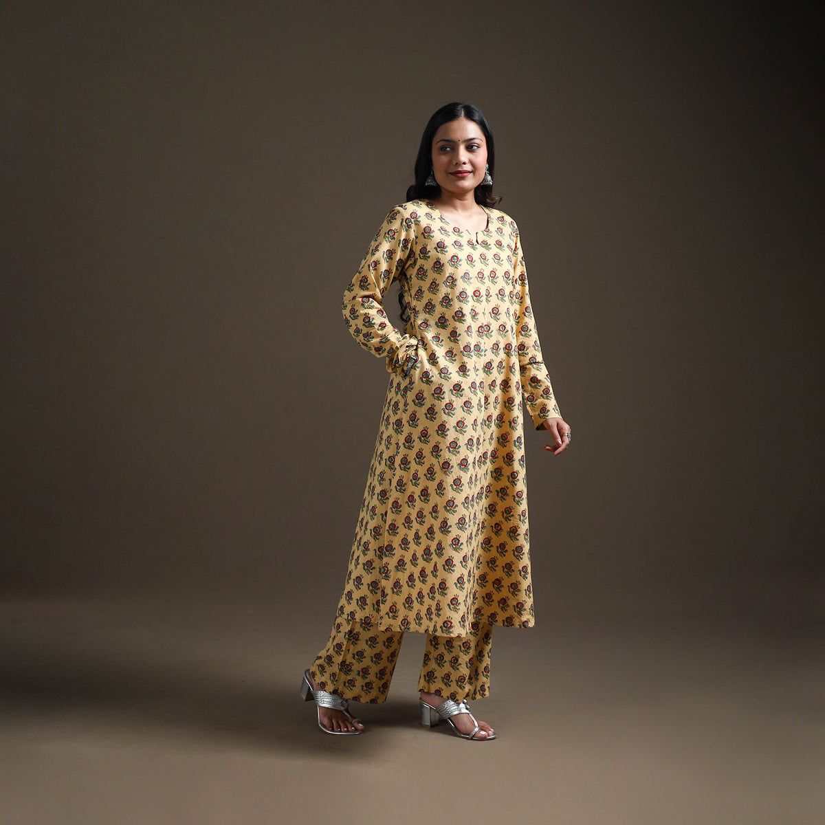 Yellow - floral sanganeri print cotton a-line kurta