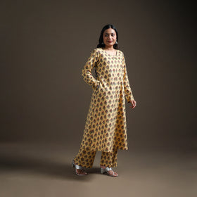 Yellow - floral sanganeri print cotton a-line kurta
