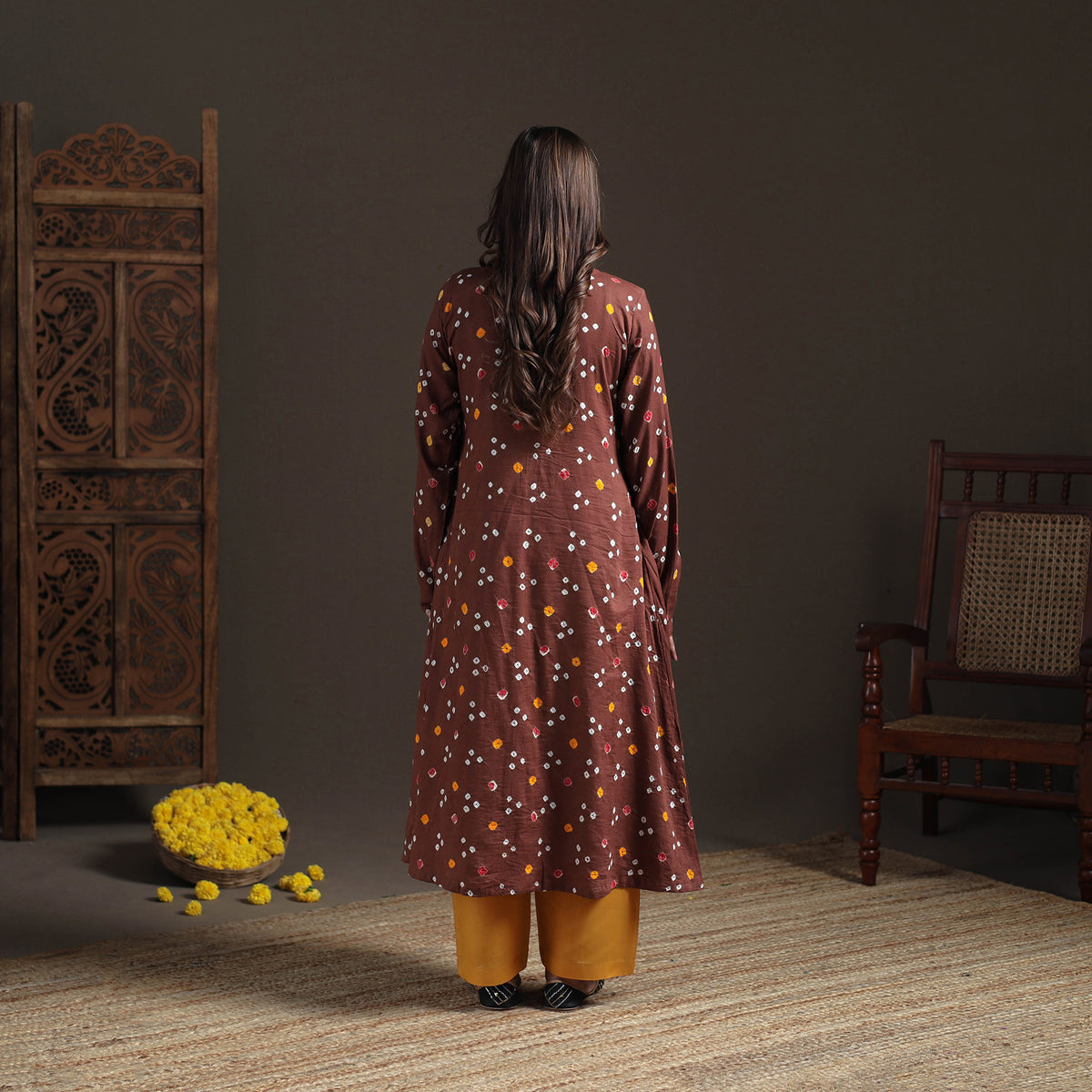 Brown - Bandhani Tie-Dye Cotton A-Line Long Kurta for Women 03