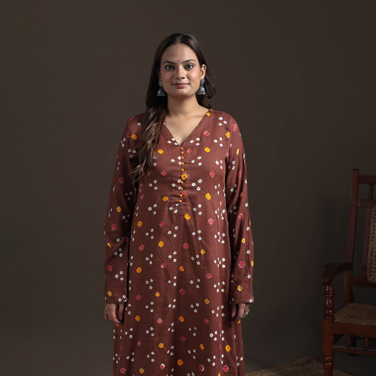 Brown - Bandhani Tie-Dye Cotton A-Line Long Kurta for Women 03