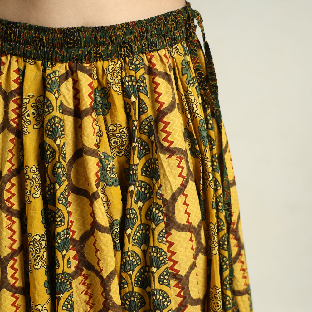 Yellow - Ajrakh Block Printed 24 Kali Patchwork Cotton Long Skirt 10