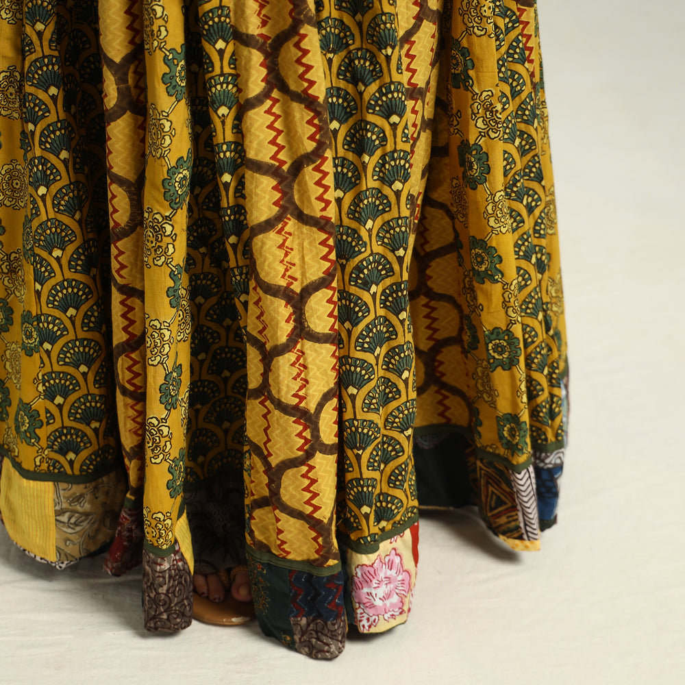 Yellow - Ajrakh Block Printed 24 Kali Patchwork Cotton Long Skirt 10