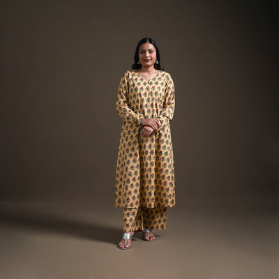 Yellow - floral sanganeri print cotton a-line kurta