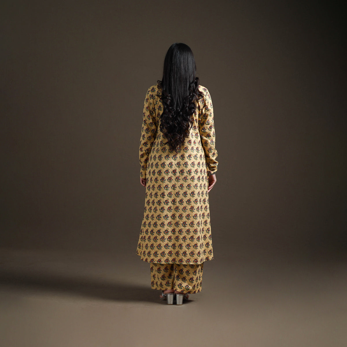 Yellow - floral sanganeri print cotton a-line kurta