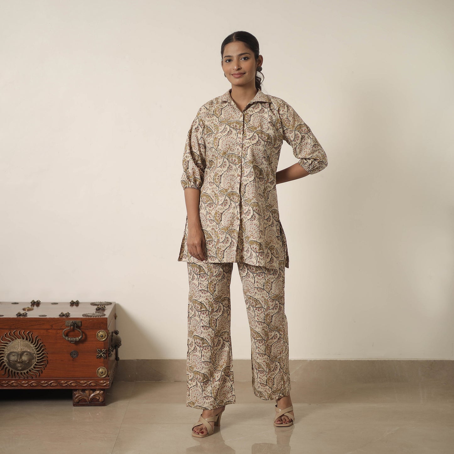 Beige - Block Printed Cotton Kalamkari Co-ord Set 04