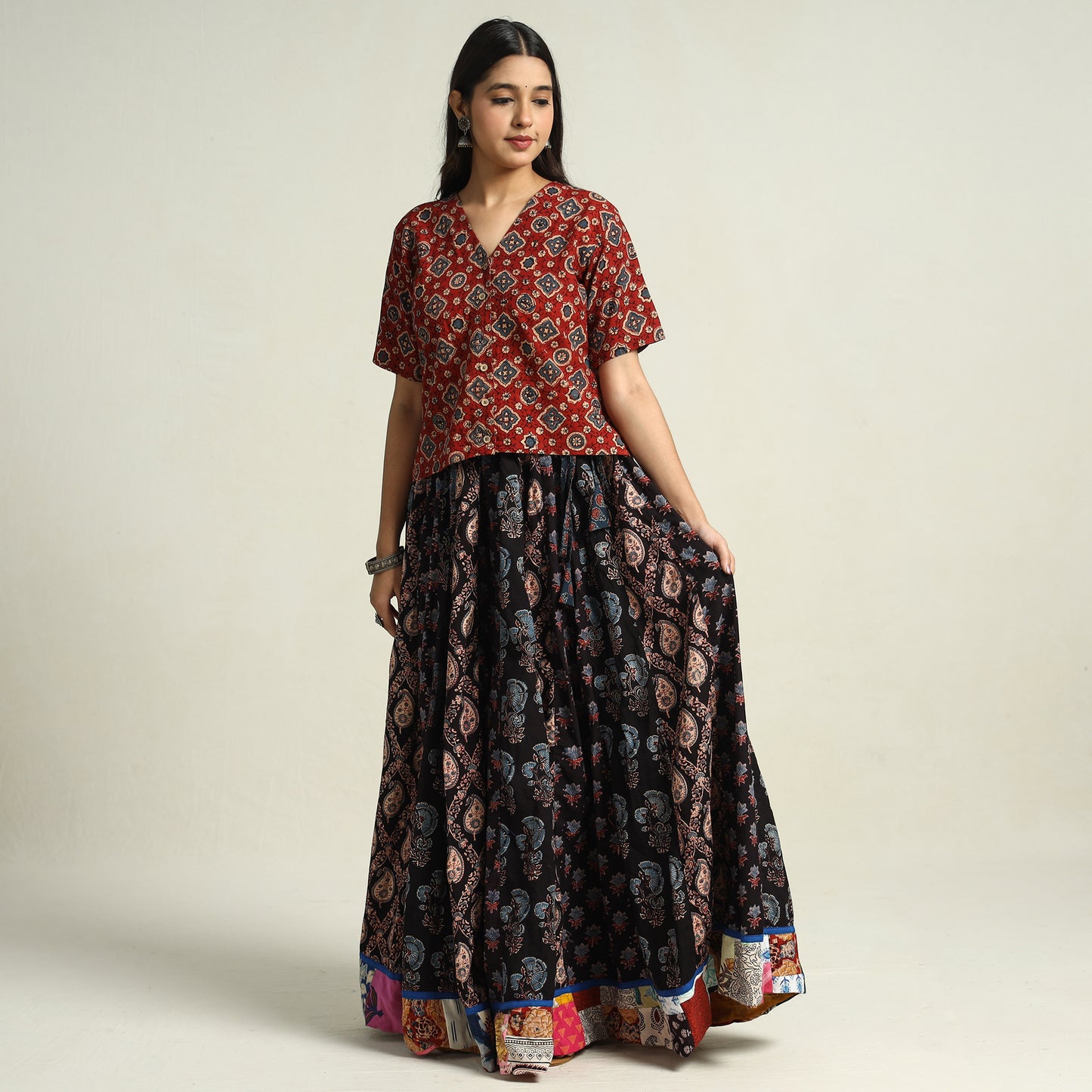 Black - Ajrakh Block Printed 24 Kali Patchwork Cotton Long Skirt 11