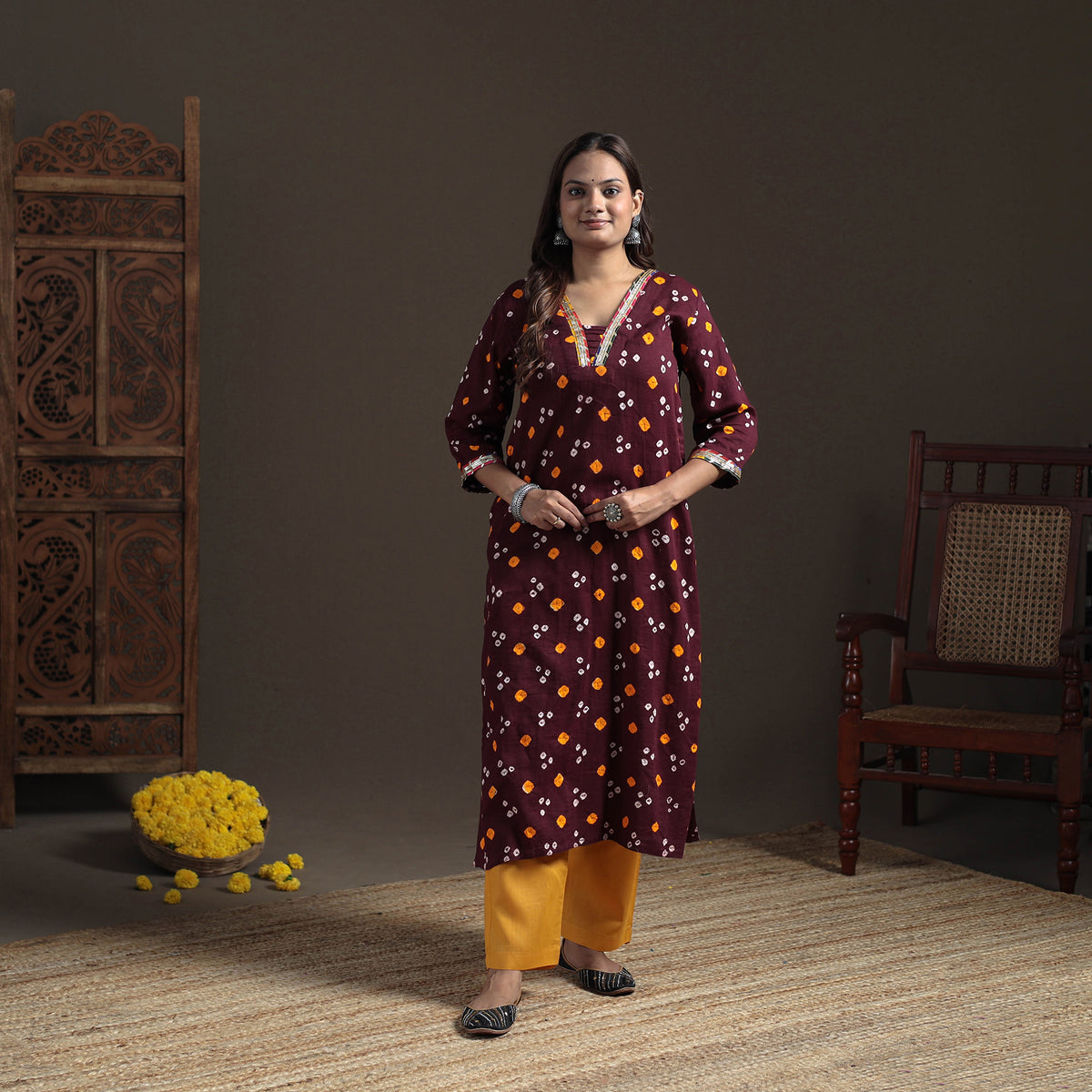 Gota Work Bandhani Tie-Dye Cotton Straight Long Kurta for Women 20