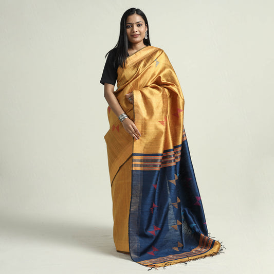 Yellow - Bhagalpuri Pure Desi Tussar Silk Handloom Saree with Zari Border