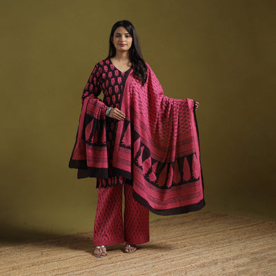 Natural Dyed Hand Block Bagh Print Cotton Suit Set with Dupatta for Women 20