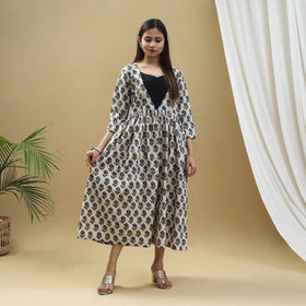 Buy Beige Block Print Cotton Flared Ajrakh Dress