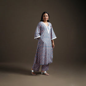 Blue - floral sanganeri print cotton lace work straight