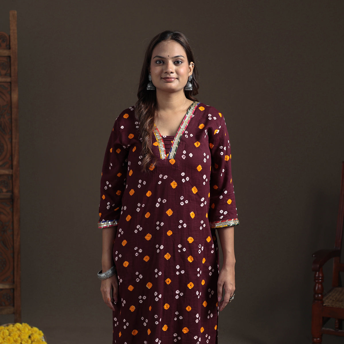 Gota Work Bandhani Tie-Dye Cotton Straight Long Kurta for Women 20