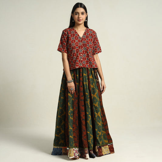 Multicolor - Ajrakh Block Printed 24 Kali Patchwork Cotton Long Skirt 12