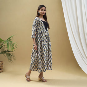Buy Beige Block Print Cotton Flared Ajrakh Dress