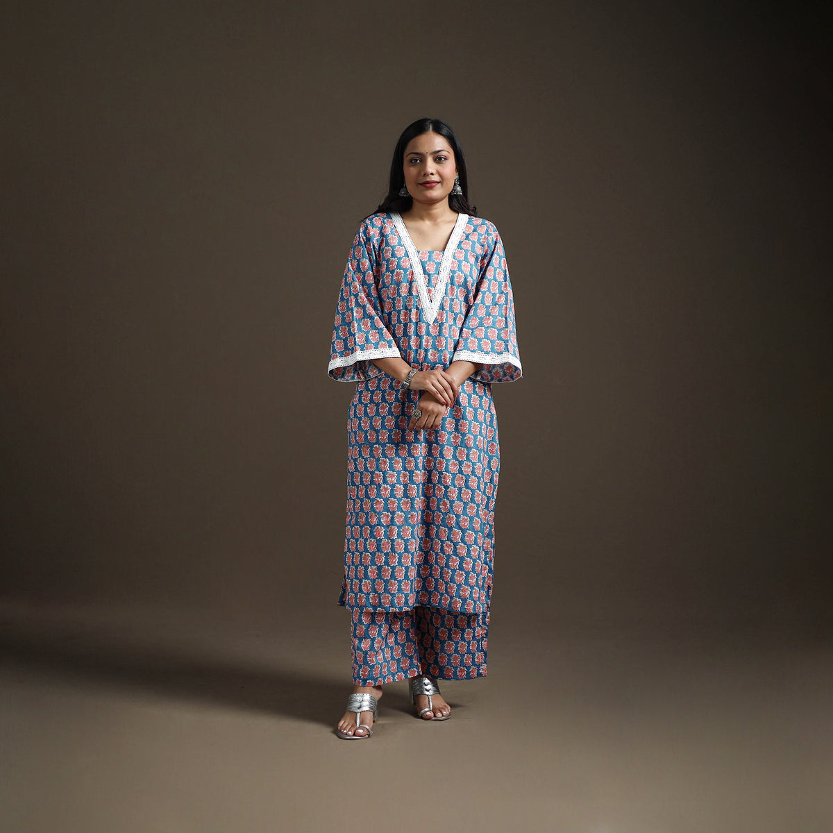 Blue - floral sanganeri print cotton lace work straight