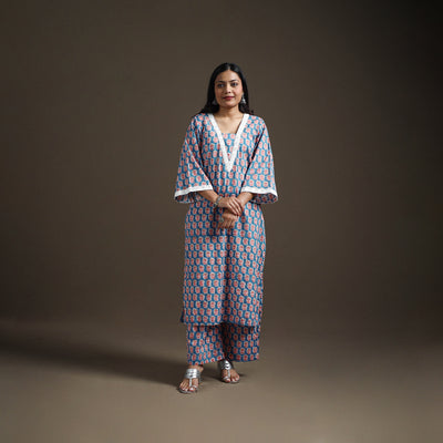 Blue - floral sanganeri print cotton lace work straight