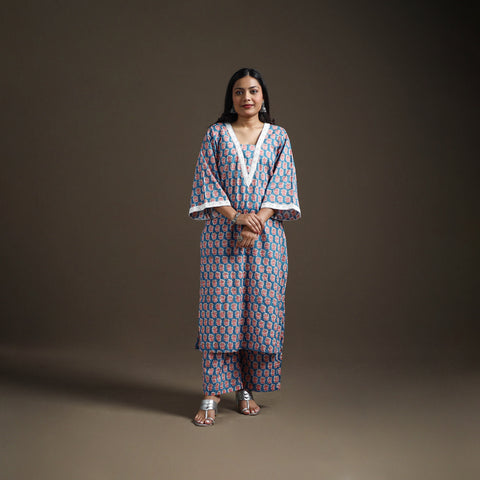 Blue - floral sanganeri print cotton lace work straight