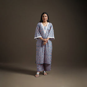 Blue - floral sanganeri print cotton lace work straight