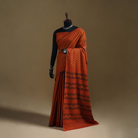 Orange - Gamthi Hand Block Print Pure Mul Cotton Saree with Blouse Piece 39