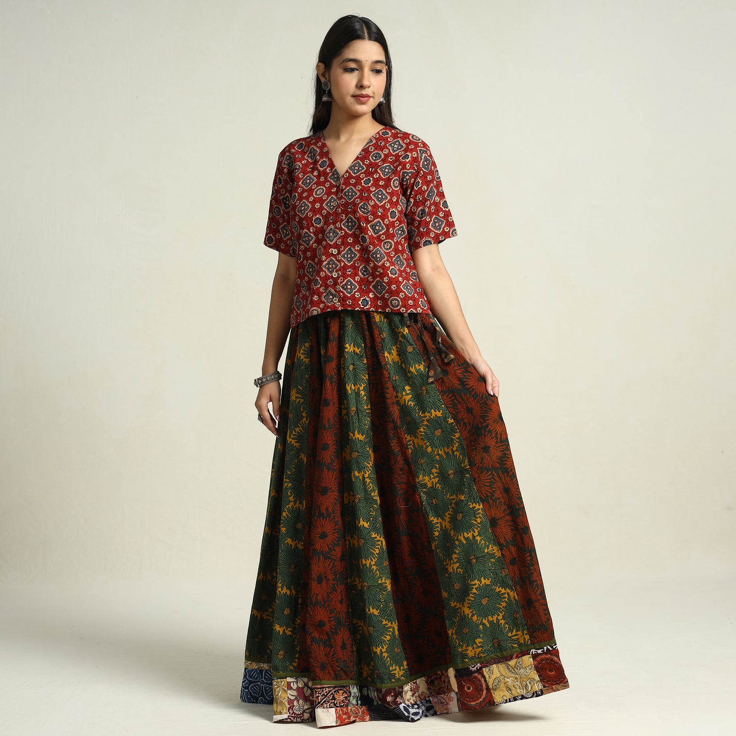 Multicolor - Ajrakh Block Printed 24 Kali Patchwork Cotton Long Skirt 12