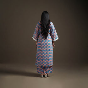 Blue - floral sanganeri print cotton lace work straight
