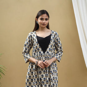 Buy Beige Block Print Cotton Flared Ajrakh Dress