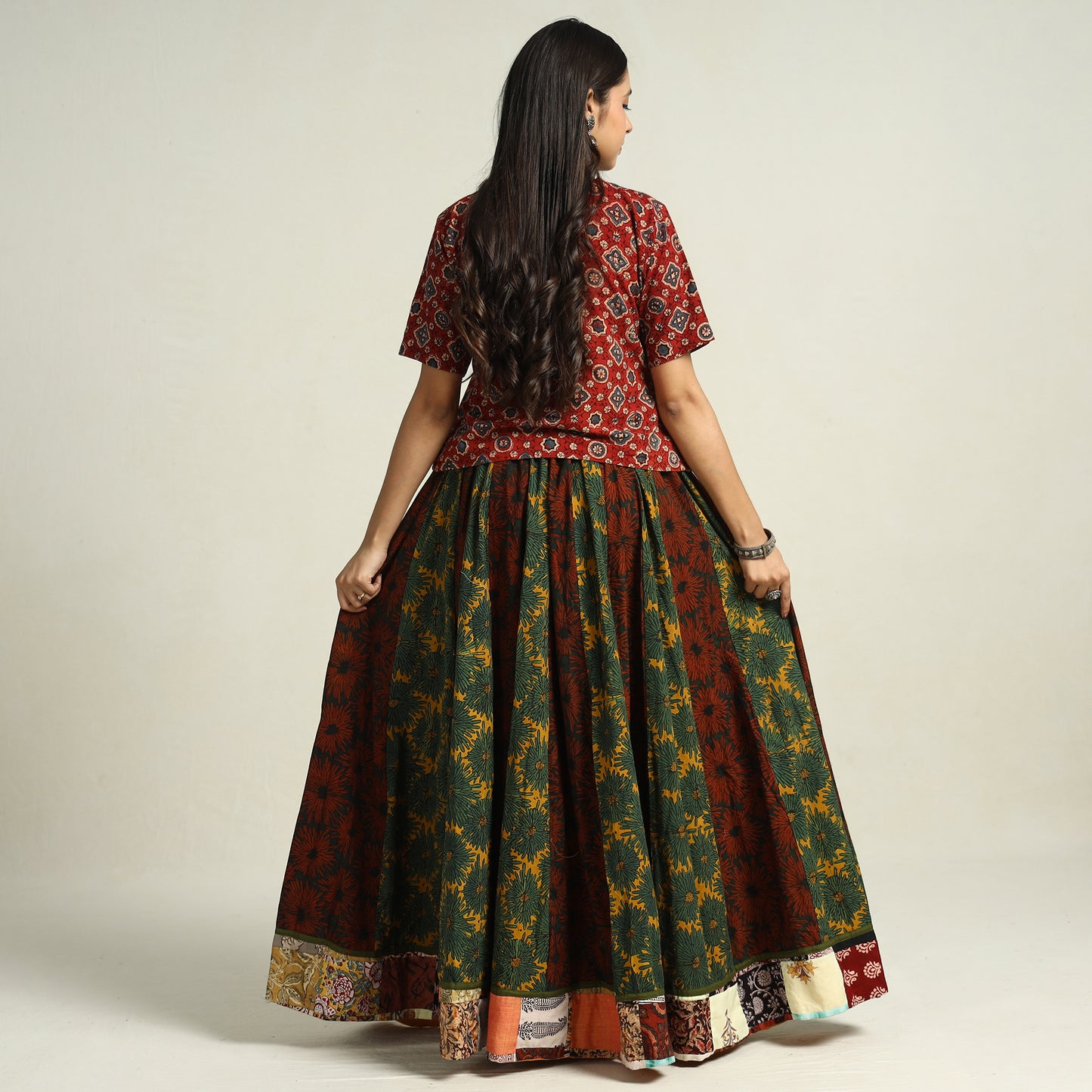 Multicolor - Ajrakh Block Printed 24 Kali Patchwork Cotton Long Skirt 12