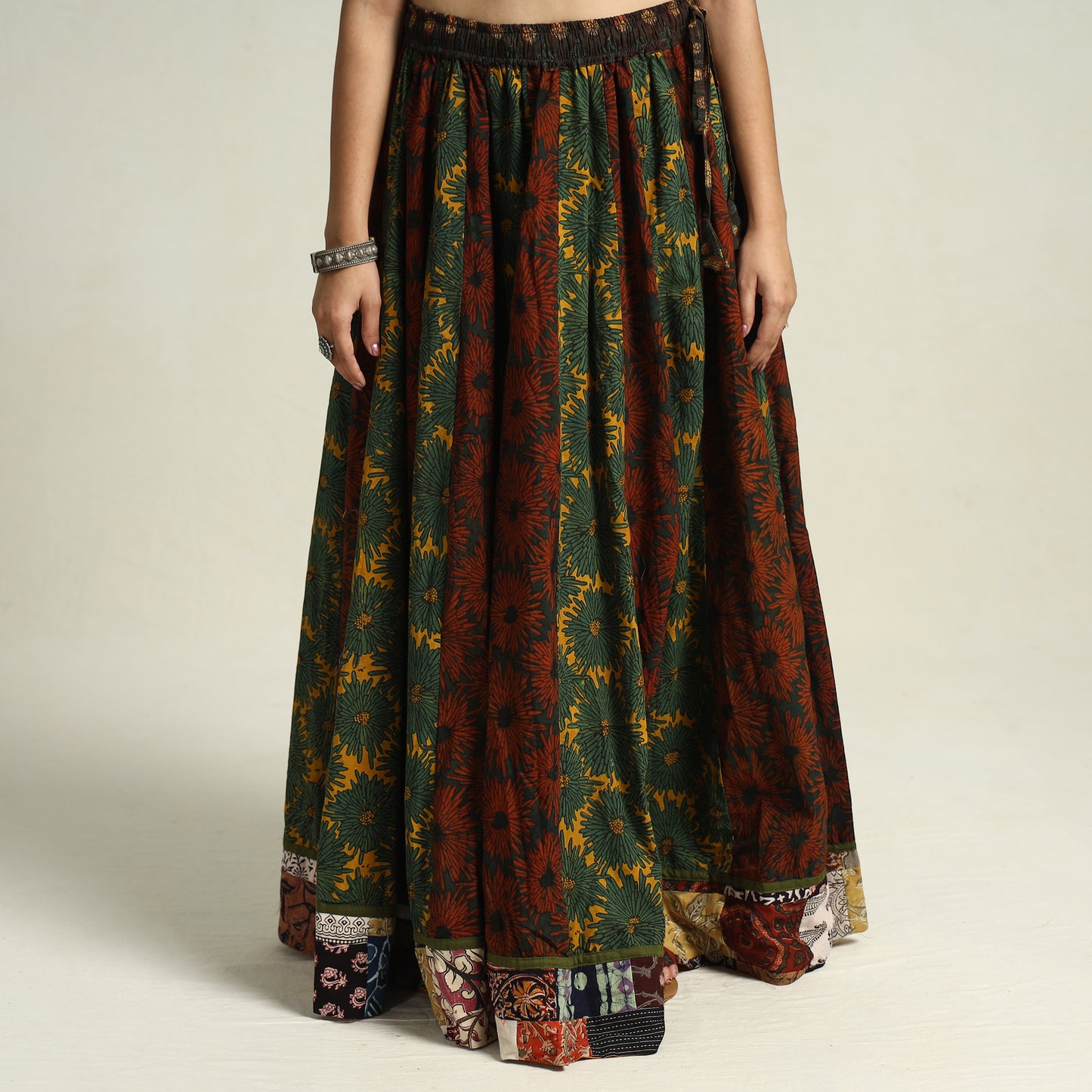 Multicolor - Ajrakh Block Printed 24 Kali Patchwork Cotton Long Skirt 12