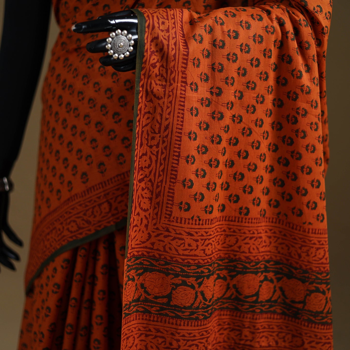 Orange - Gamthi Hand Block Print Pure Mul Cotton Saree with Blouse Piece 39