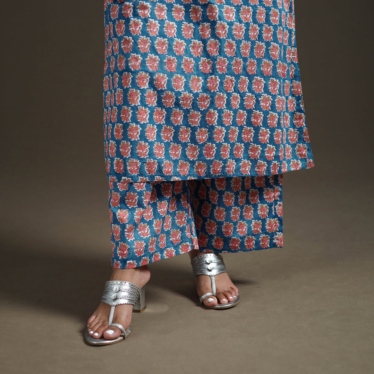 Blue - floral sanganeri print cotton lace work straight