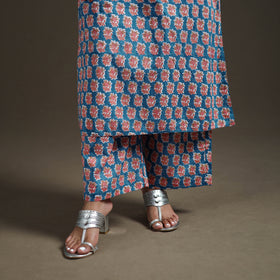 Blue - floral sanganeri print cotton lace work straight