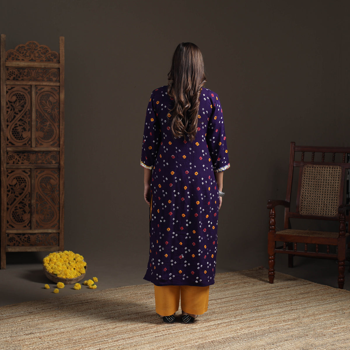 Gota Work Bandhani Tie-Dye Cotton Straight Long Kurta for Women 17
