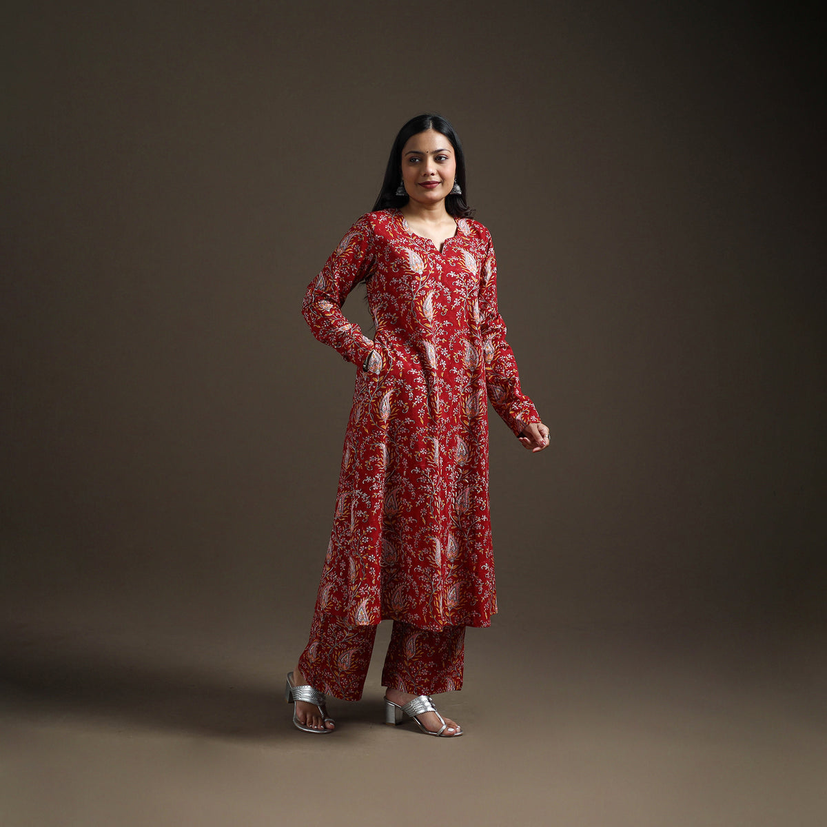 Red - floral sanganeri print cotton a-line kurta