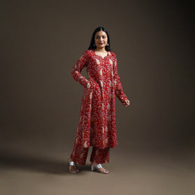 Red - floral sanganeri print cotton a-line kurta