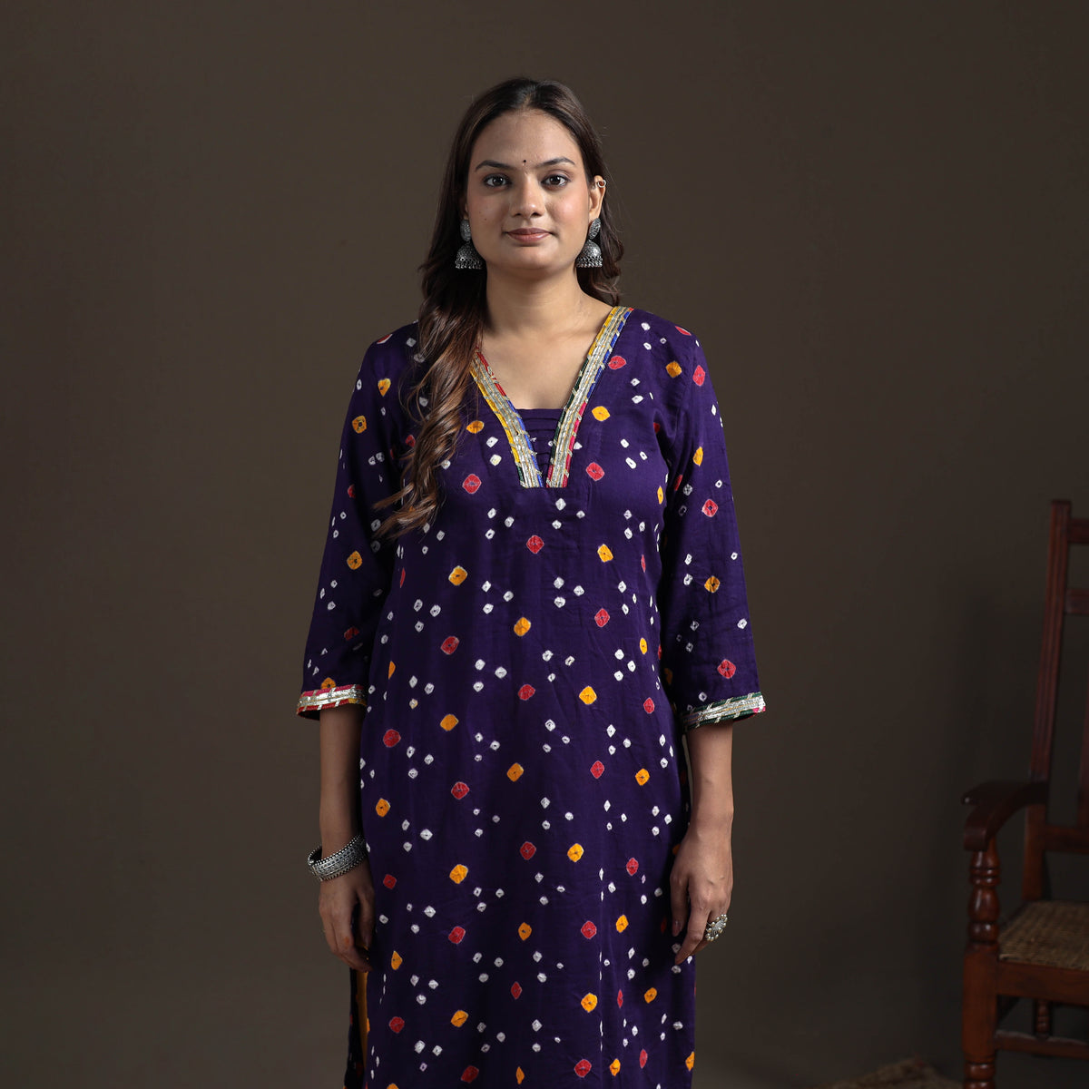 Gota Work Bandhani Tie-Dye Cotton Straight Long Kurta for Women 17
