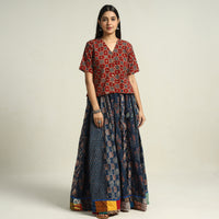 Blue - Ajrakh Block Printed 24 Kali Patchwork Cotton Long Skirt 13