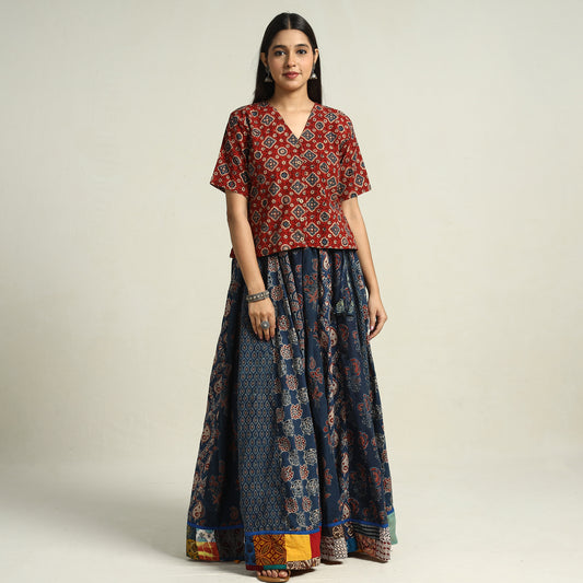 Blue - Ajrakh Block Printed 24 Kali Patchwork Cotton Long Skirt 13