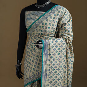 White - Gamthi Hand Block Print Pure Mul Cotton Saree with Blouse Piece 40