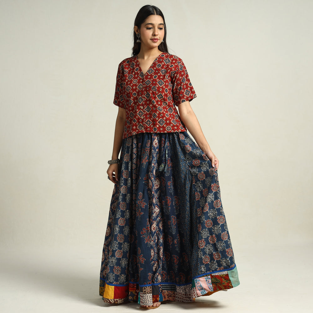 Blue - Ajrakh Block Printed 24 Kali Patchwork Cotton Long Skirt 13