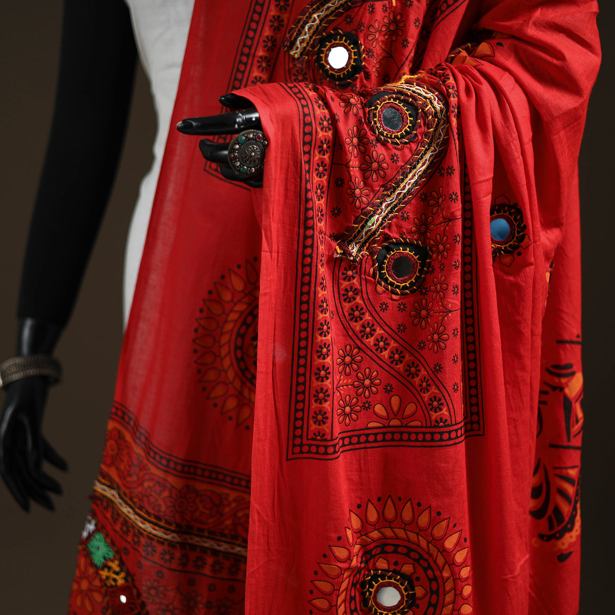 Kutch Hand Embroidered Mirror Work Printed Cotton Dupatta 02