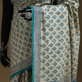 White - Gamthi Hand Block Print Pure Mul Cotton Saree with Blouse Piece 40
