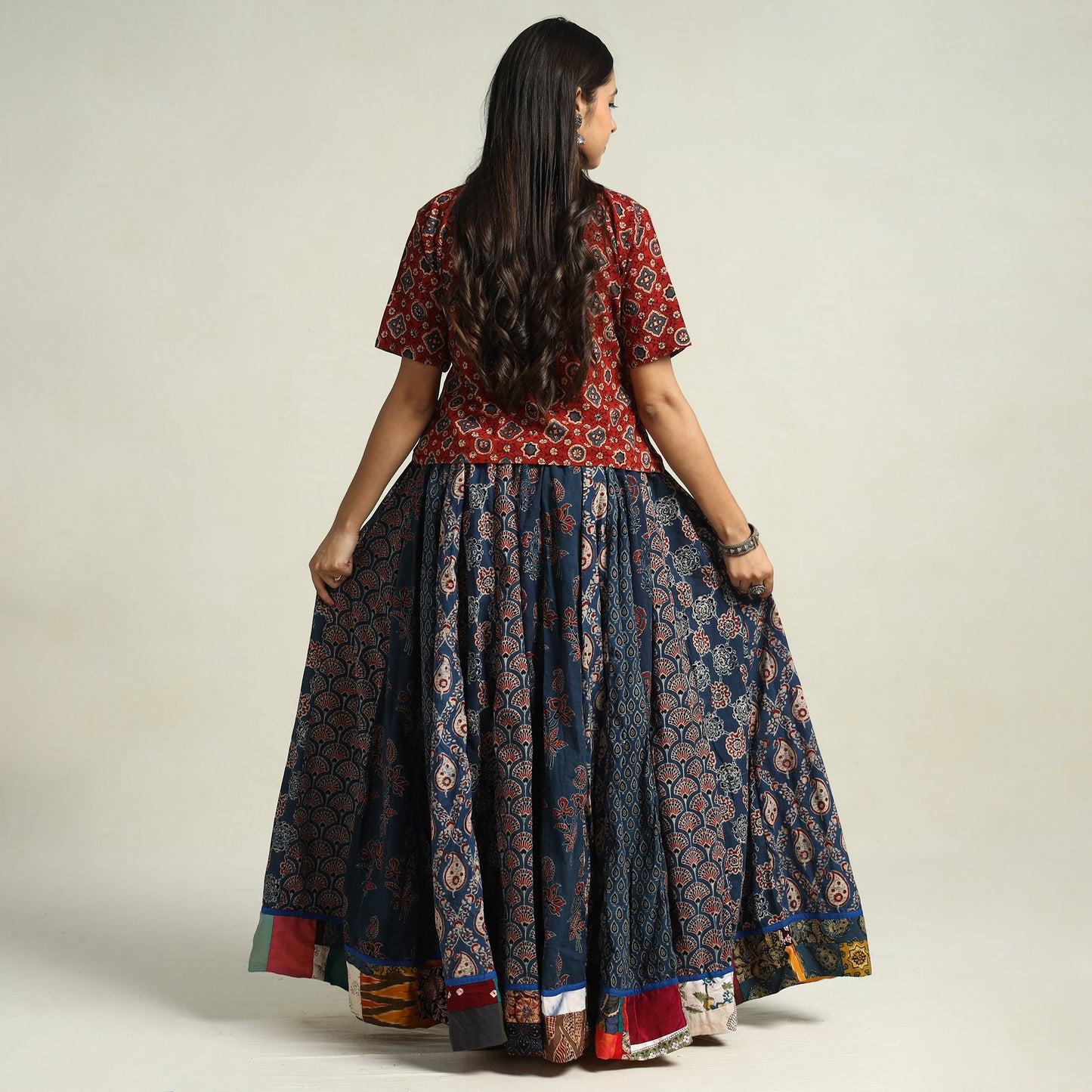 Blue - Ajrakh Block Printed 24 Kali Patchwork Cotton Long Skirt 13