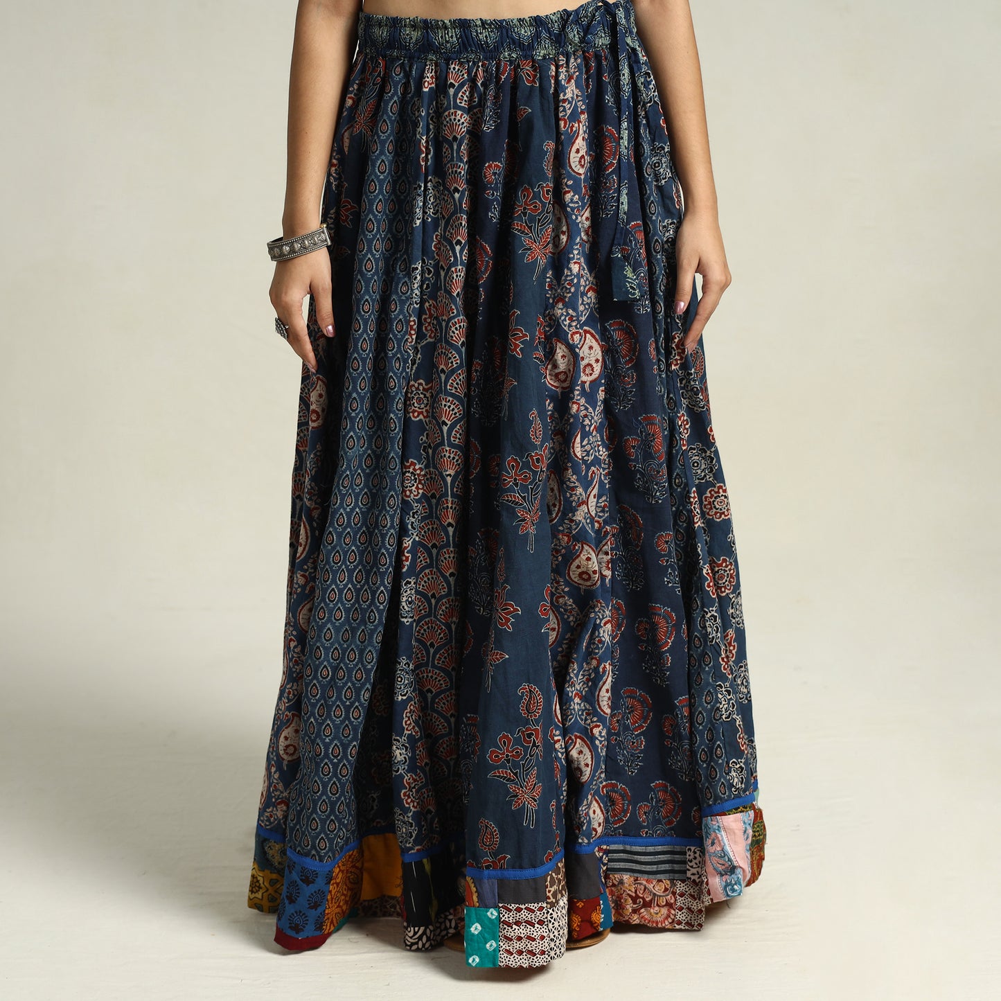 Blue - Ajrakh Block Printed 24 Kali Patchwork Cotton Long Skirt 13