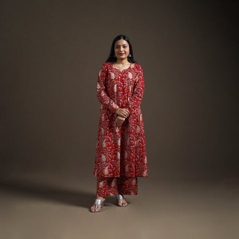 Red - Floral Sanganeri Print Cotton A-Line Kurta with Palazzo Set for women 12